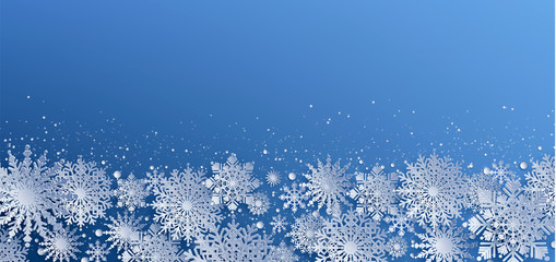 White Paper cut snow flake greeting background, Merry Christmas and Happy New Year banner, winter origami, snowfall papercut poster. Vector Snowflake frame, paper snow modern card, trendy ornament. © Gluiki