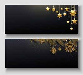 Set of black festive banners with golden shiny stars and snowflakes.