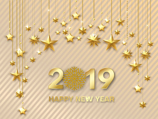 Obraz na płótnie Canvas Happy New Year 2019 greeting card with golden shiny stars.
