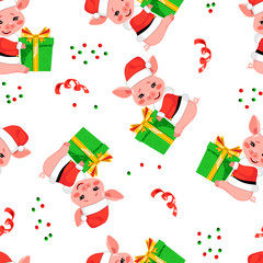 Christmas seamless pattern with a cute little pig in Santa's jacket and hat holding a gift. Vector illustration of a cartoon character of the sign of year 2019