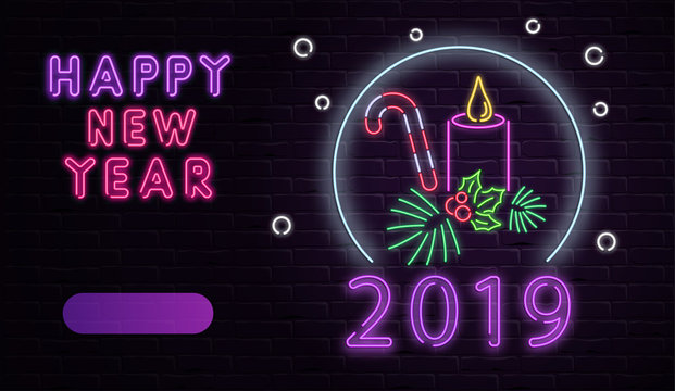Happy New Year 2019 neon luminous card with Christmas decorations on brick textured background.