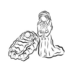 Cute baby Jesus in the manger and praying Virgin Mary, black contour
