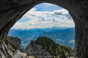 The beautiful view looking out the cave at Eisriesenwelt near Werfen in Austria