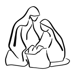 Nativity scene of baby Jesus in manger with Mary and Joseph silhouette vector illustration sketch doodle hand drawn with black lines isolated on white background.