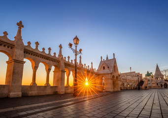 Budapest, Hungary - Sunrise at Fisherman's Bastion with clear blue sky
