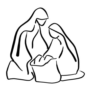 recommend clip art: Nativity scene of baby Jesus in manger with Mary and Joseph silhouette vector illustration sketch doodle hand drawn with black lines isolated on white background.