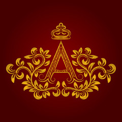 Fototapeta na wymiar Patterned golden letter A monogram in vintage style. Heraldic coat of arms. Baroque logo template.