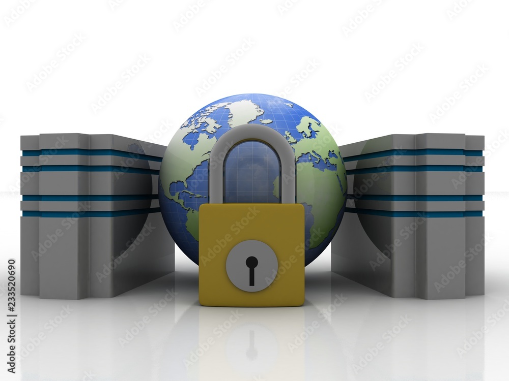 Poster 3d illustration database storage security concept. disk with lock