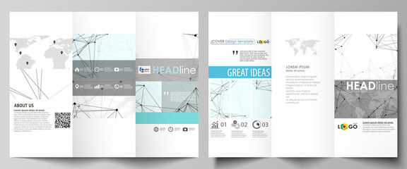 Naklejka na ściany i meble Tri-fold brochure business templates on both sides. Abstract vector layout in flat design. Chemistry pattern, connecting lines and dots, molecule structure on white, geometric graphic background.