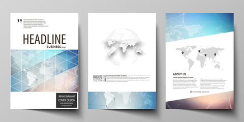Vector illustration of editable layout of three A4 format modern covers design templates for brochure, magazine, flyer, booklet. Polygonal geometric linear texture. Global network, dig data concept.