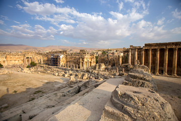Ruins of Jupiter temple and Great Court of Heliopolis in Baalbek, Bekaa valley Lebanon