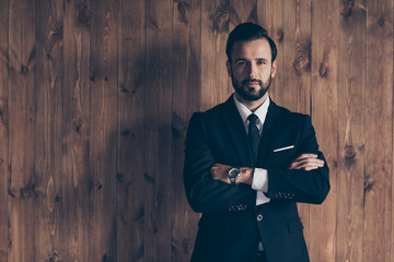Portrait of nice content classy chic business shark handsome att