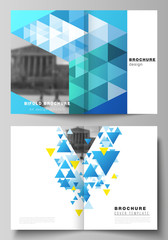 The vector layout of two A4 format cover mockups design templates for bifold brochure, magazine, flyer, booklet, annual report. Blue color polygonal background with triangles, colorful mosaic pattern.