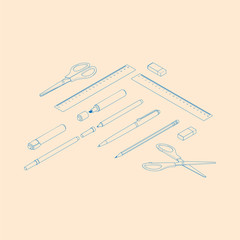 Stationery assortment set of rulers pencil, pen, markers and scissors