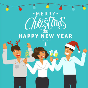 A Christmas party in the office. Decorated office workplace. Office team having a holiday with music and dance. Flat style vector illustration.