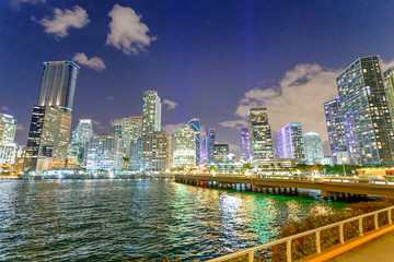 Fototapeta na wymiar Skyscrapers of Miami from Brickell Key at night