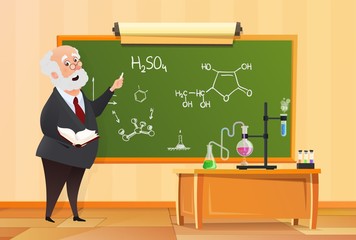 Teacher at the blackboard in class, chemistry lesson in school cartoon vector illustration. Chemical experiments with equipment on desk.