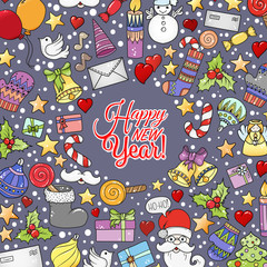 Merry christmas pattern for holiday greeting cards, print, book page, bullet journal or wrapping paper. Bells, Santa, tree, socks, candle, sweets, love hearts, angel and stars