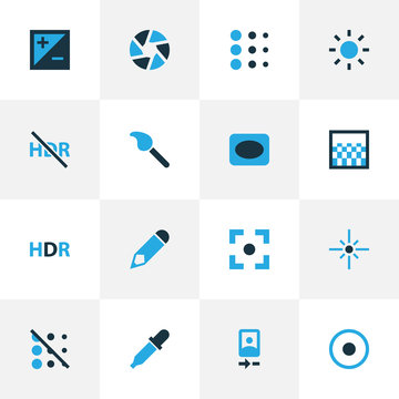 Image icons colored set with eyedropper, hdr, shutter and other hdr off
 elements. Isolated vector illustration image icons.