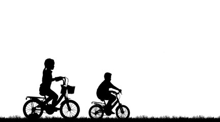 silhouette family  riding bicycle on white background