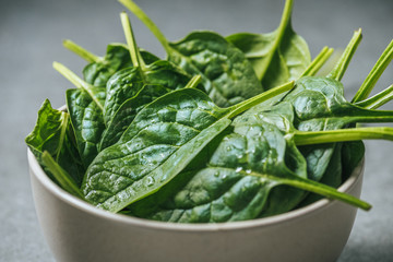 Organic fresh and wet spinach leaves in white bowl