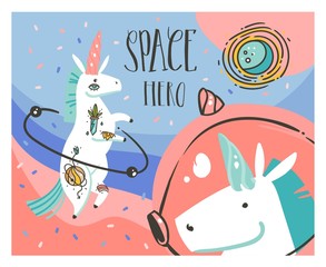 Hand drawn vector abstract graphic creative artistic cartoon illustrations poster background with astronaut unicorns with old school tattoo,handwritten calligraphy isolated on pastel background