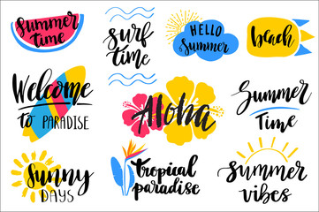 Fototapeta na wymiar Set of hand drawn summer theme phrases. Modern lettering quotes.
