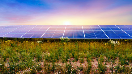Solar panel . Solar photovoltaics panels . Modern solar panels . Solar energy . Sunrise