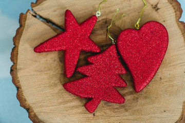 Christmas decoration, glitter star, Christmas tree and a heart