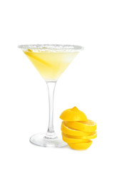 Glass with summer cocktail and sliced lemon on white background