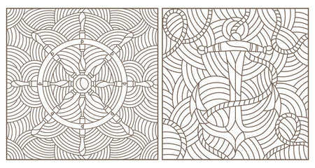 Set of contour illustrations of stained glass Windows on the marine theme, ship anchor with rope and steering wheel on the background of waves, dark contours on a white background © Zagory