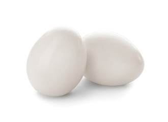 Tasty boiled eggs on white background