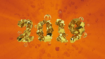 Happy New Year Banner with 2019 trendy pink color Numbers made by shattered cracked gold with flying glass or water spheres over bright orange background. abstract 3d illustration