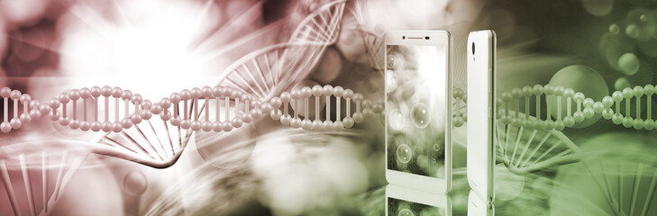image of mobile phone on dna chain background