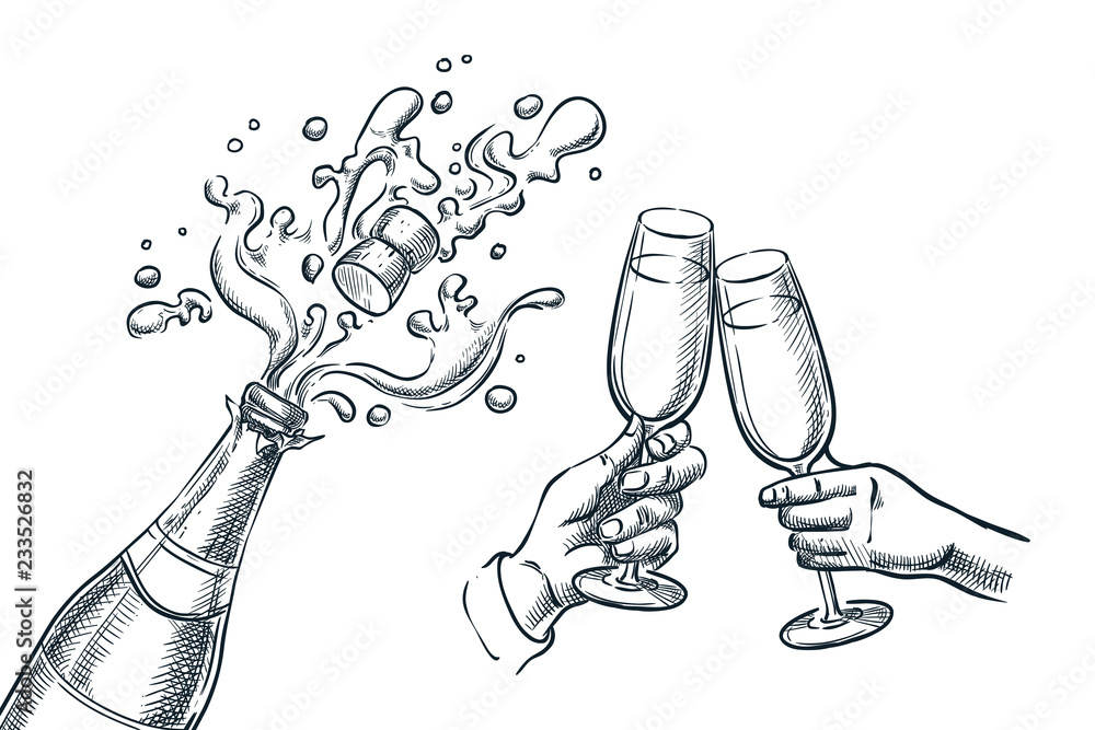 Wall mural Explosion champagne bottle and two hands with drinking glasses. Sketch vector illustration.