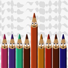 Conceptual vector illustration of being outstanding. Different colored pencils arranged in row and orange color pencil sticking out. Color pencil with cartoon eyes. Abstract pattern background.