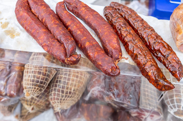 Homemade sausages for sale at local street market. Rijeka town. Croatia