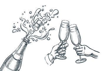 Explosion champagne bottle and two hands with drinking glasses. Sketch vector illustration.