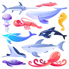 Obraz na płótnie Canvas Sea animals and fishes vector illustration. Marine life design elements. Ocean dwellers isolated on white background