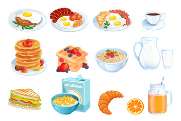 Cooking breakfast, vector illustration. Set of isolated morning meal dishes. Restaurant or cafe menu design elements.