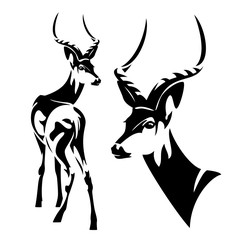 impala antelope (Aepyceros melampus) black and white vector outline - wild african animal portrait - obrazy, fototapety, plakaty