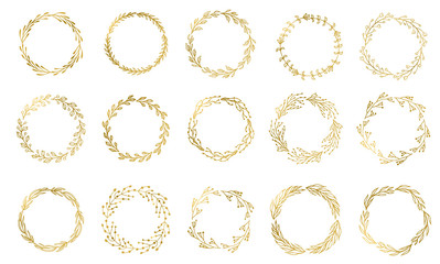 Set of 15 Handdrawn ink painted gold floral wreaths and laurels. Vintage vector golden elements for wedding, holiday and greeting cards, web, prind scrapbooking design and other. - 233527456