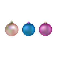 Set of colorful Christmas balls. Balls for christmas tree. Vector illustration. isolated realistic decoration. Symbol of Happy New Year, Xmas holiday celebration, winter.