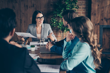 Beautiful attractive pretty charming lady hold document blank pa