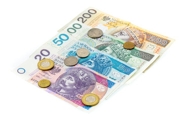 Polish zloty banknotes, money, currency of Poland isolated on white.