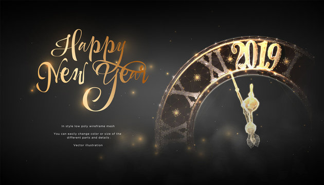 Happy New Year 2019. lock in style Low poly wireframe art on blackbackground. Concept for holiday or magic or miracle. Effect Starry sky. Polygonal illustration with connected dots and lines.Vector