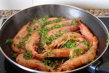 delicious shrimps in a pan, seafood