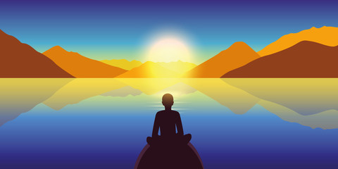 person enjoy autumn landscape on a calm sea and mountain view at colorful sunset vector illustration EPS10