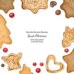 Christmas square frame with gingerbread and candies. Watercolor illustration, path included