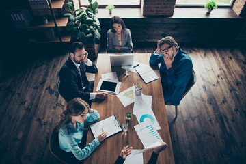 High angle above top view very long meeting with concentrated fo